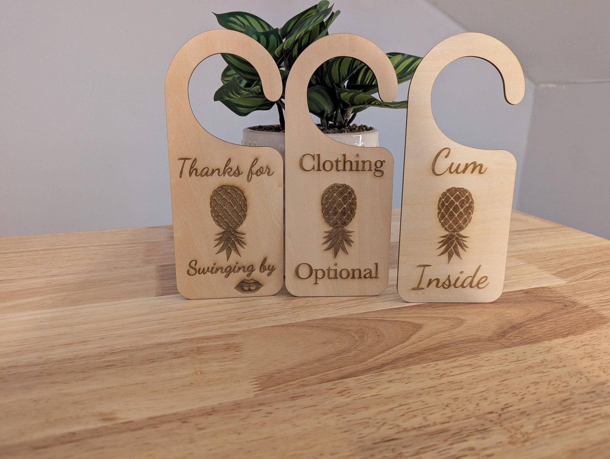 Swinger wooden pineapple kink friendly door hangers set of 3