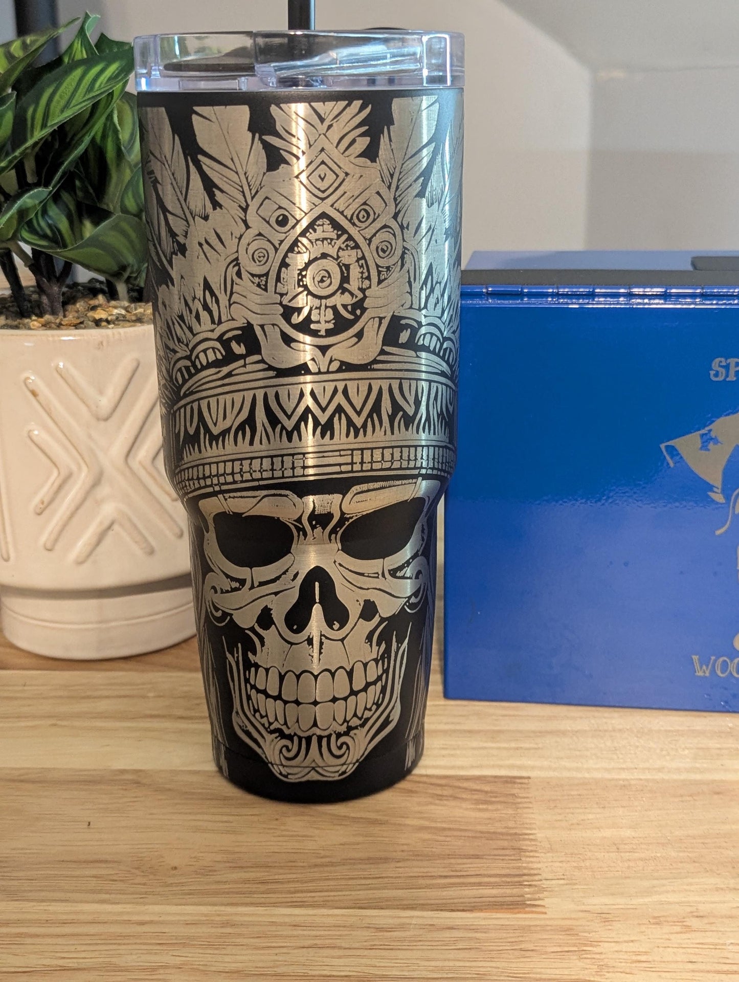 custom laser engraved Aztec skull 30oz tumbler