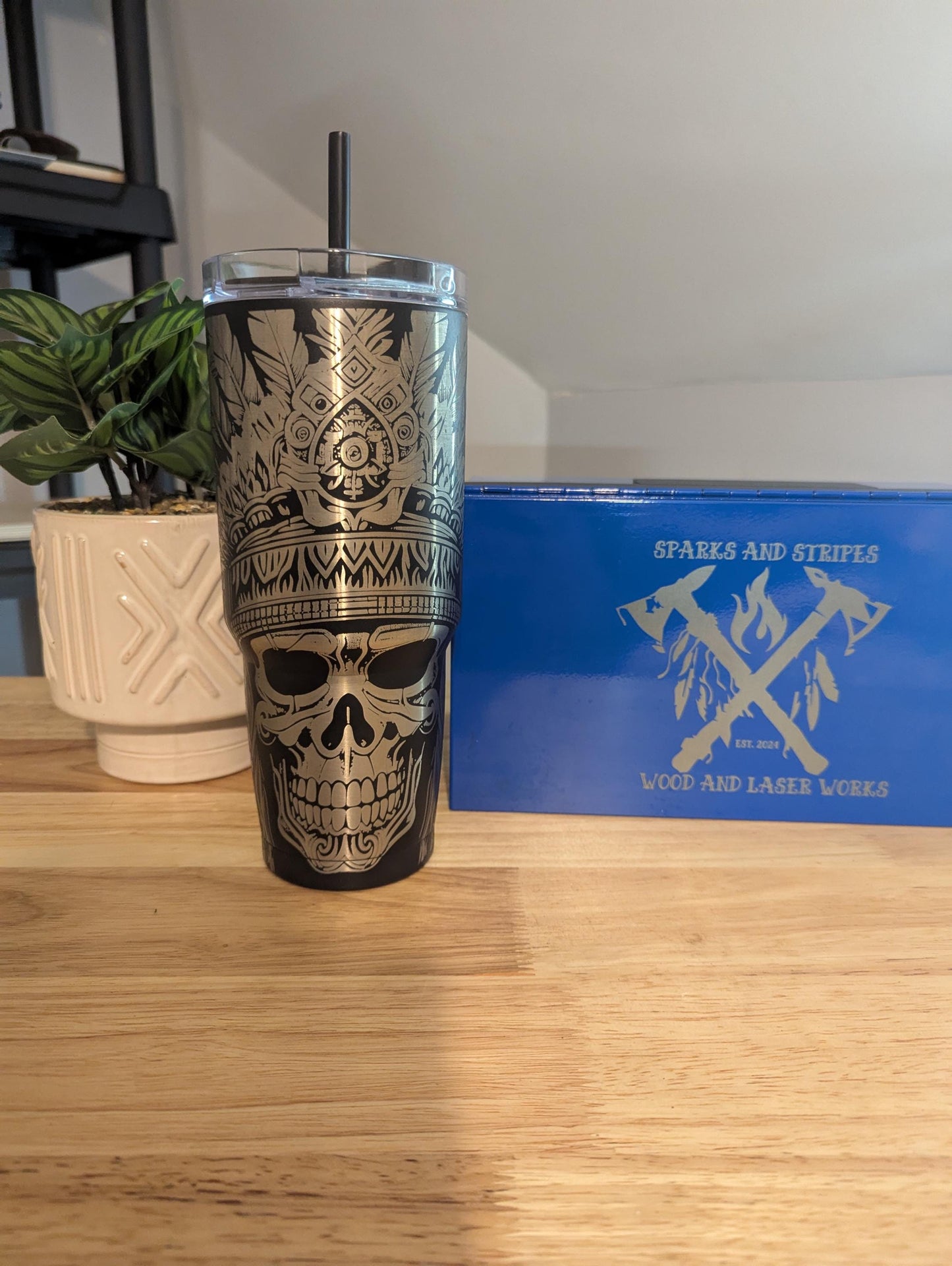 custom laser engraved Aztec skull 30oz tumbler