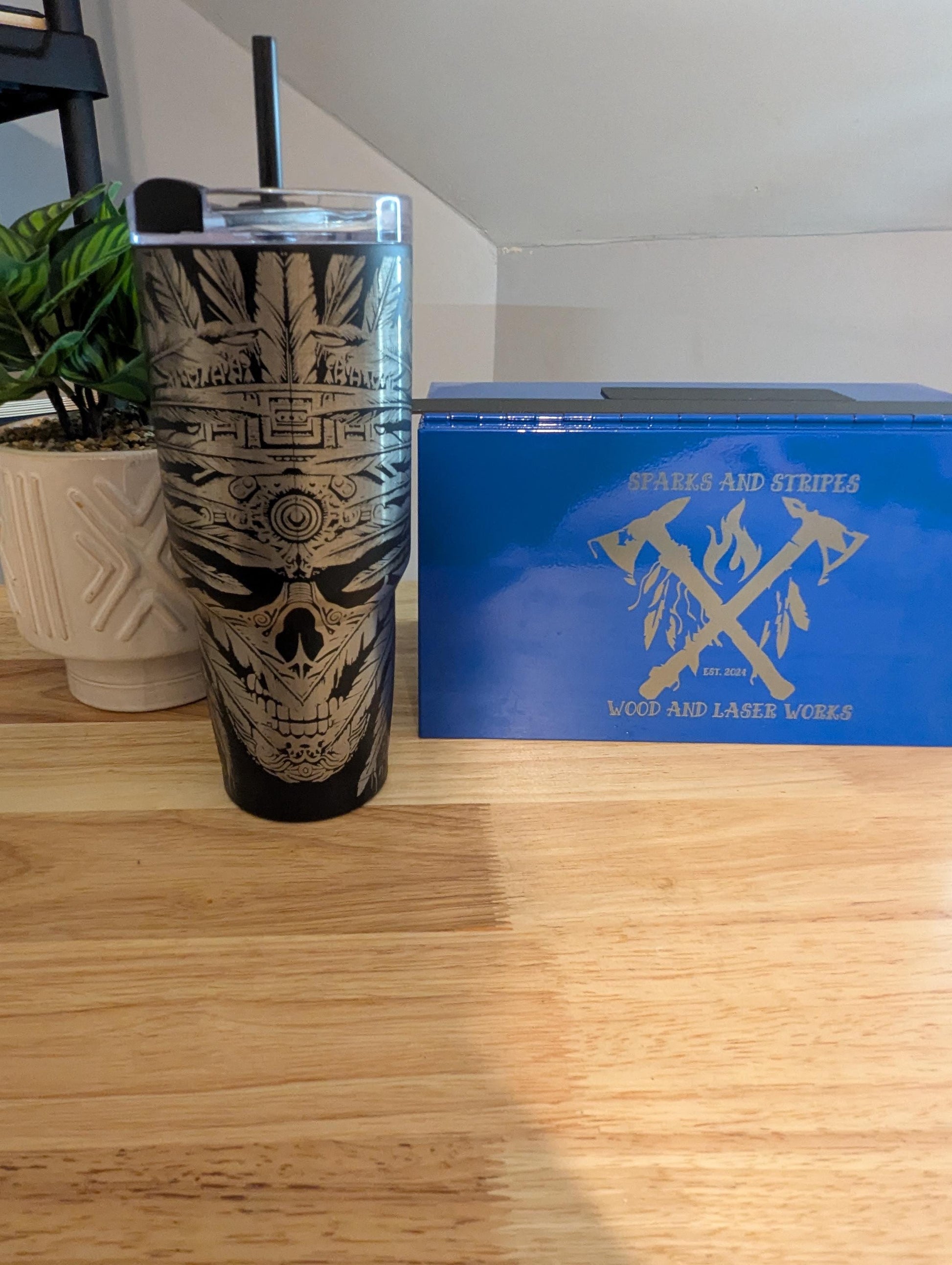 custom laser engraved Aztec skull 30oz tumbler