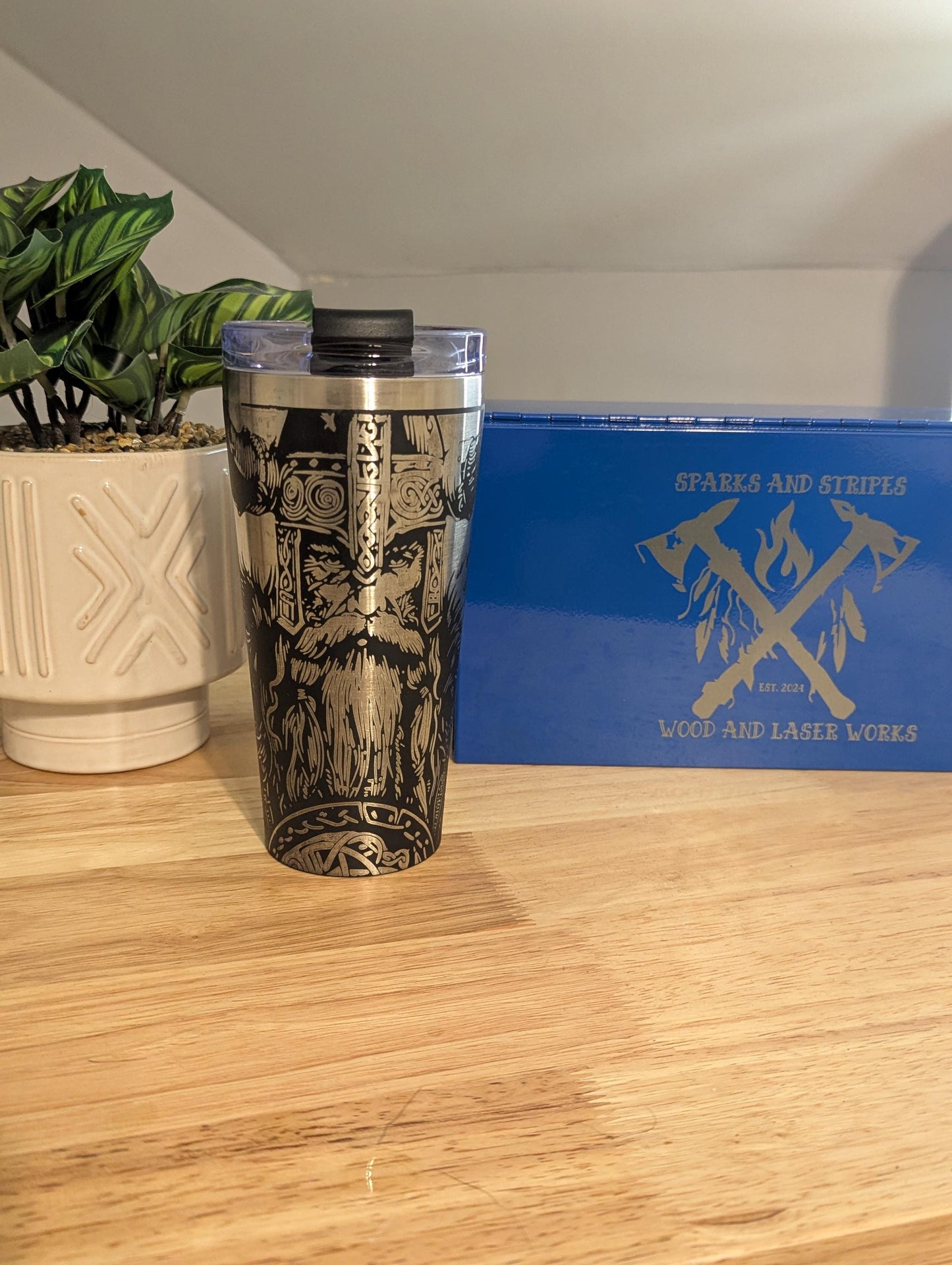 custom laser engraved Viking 20oz tumbler for hot and cold beverages