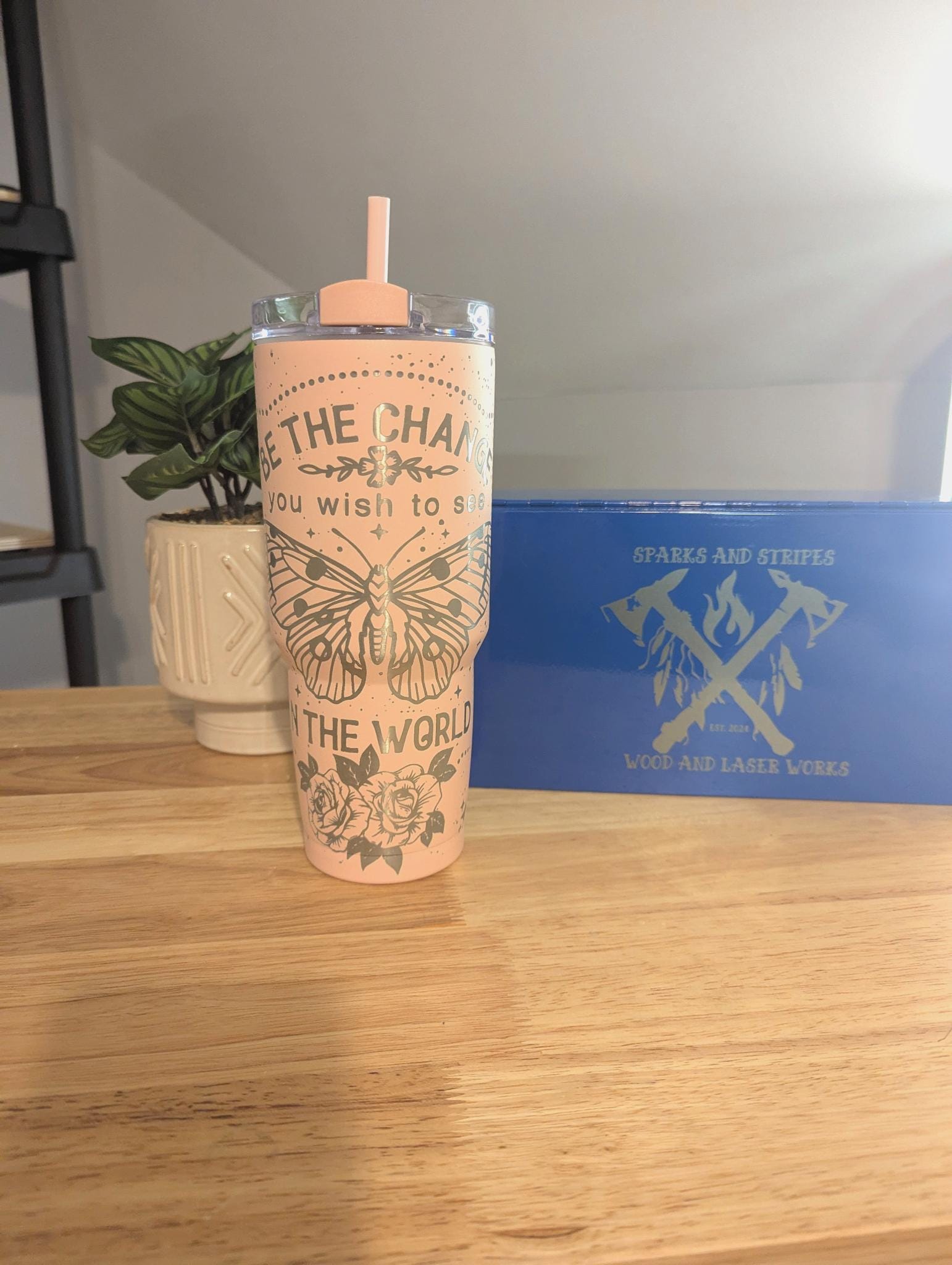 Stunning 30oz pink butterfly and rose full wrap tumbler with inspiring message