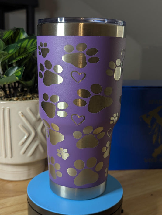 Stunning purple stainless steel 30oz tumbler featuring a pawprint and heart design for your furry friend