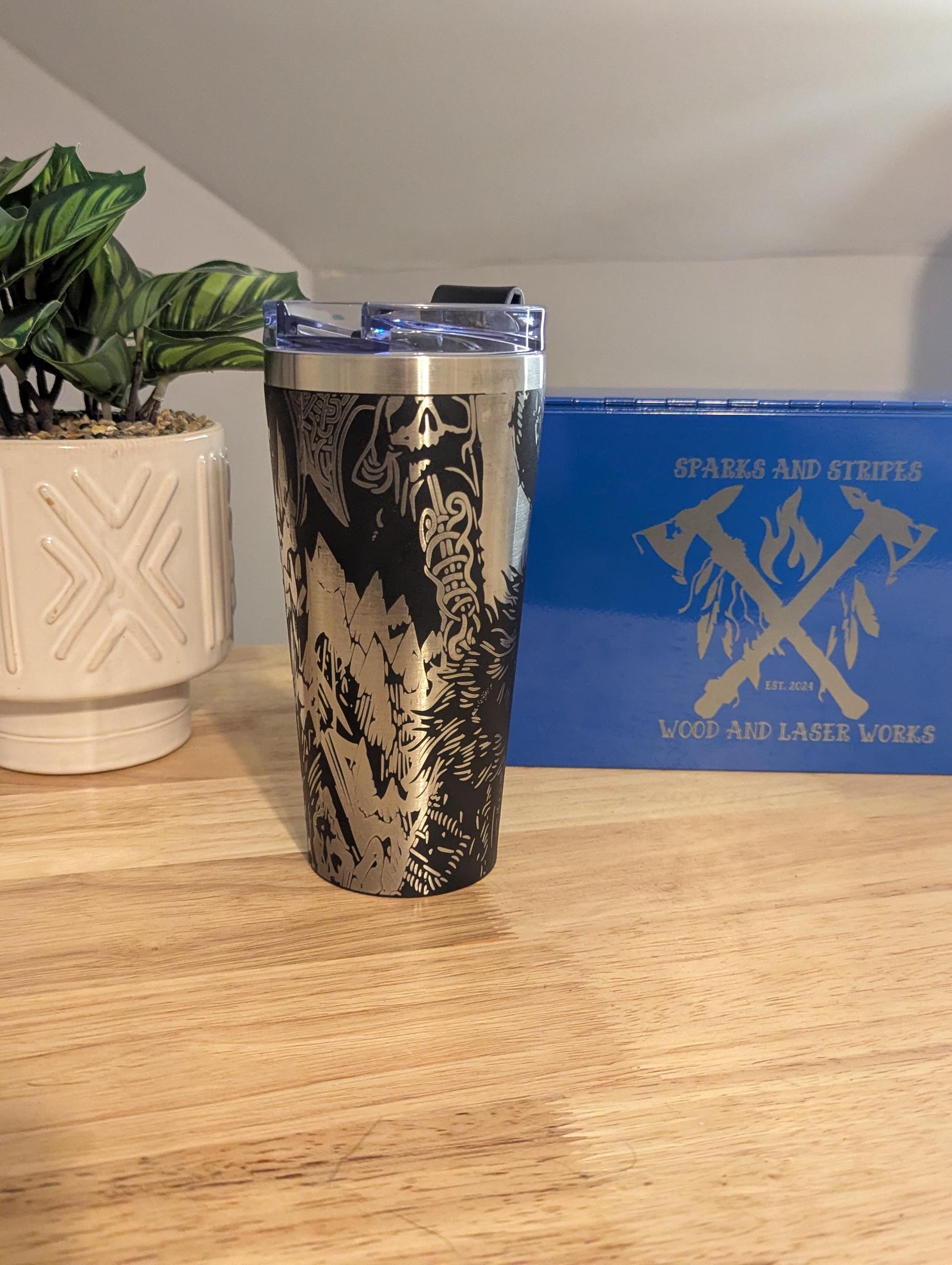 custom laser engraved Viking 20oz tumbler for hot and cold beverages