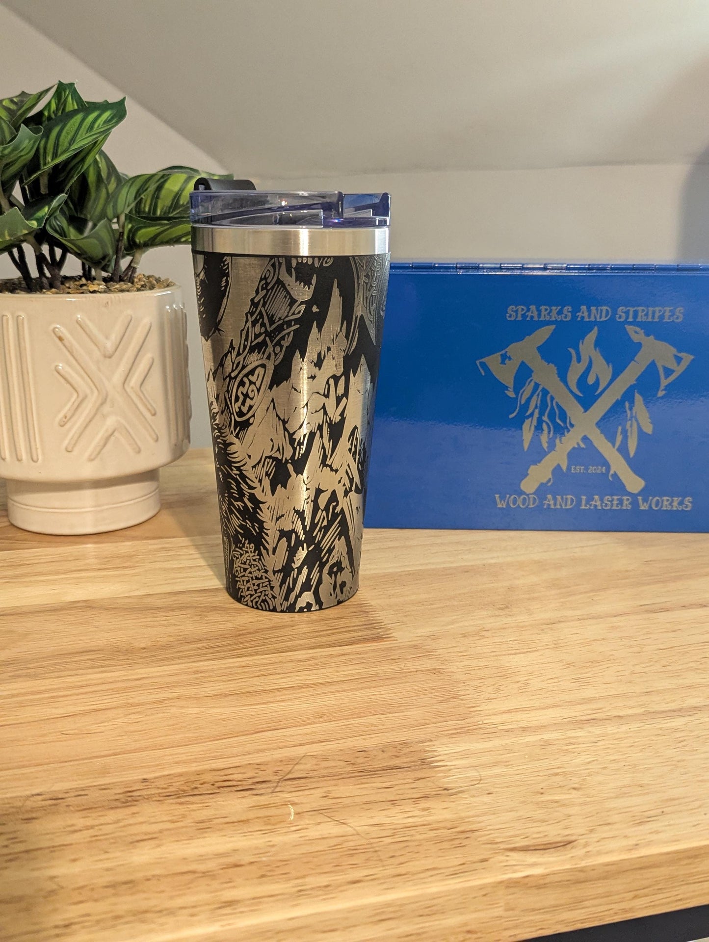 custom laser engraved Viking 20oz tumbler for hot and cold beverages