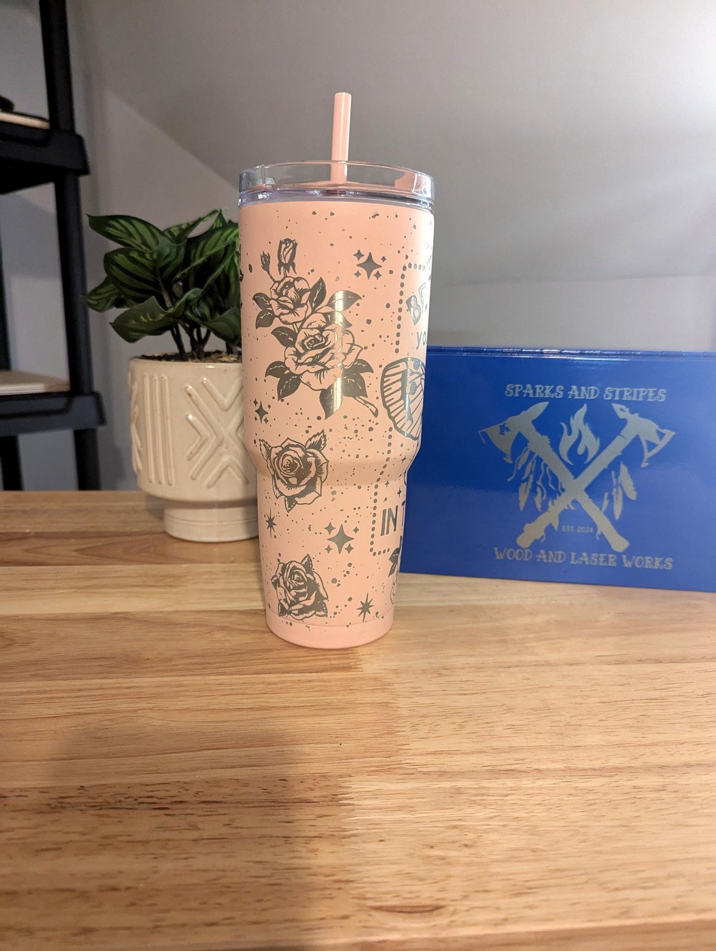 Stunning 30oz pink butterfly and rose full wrap tumbler with inspiring message