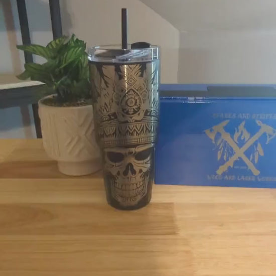 custom laser engraved Aztec skull 30oz tumbler