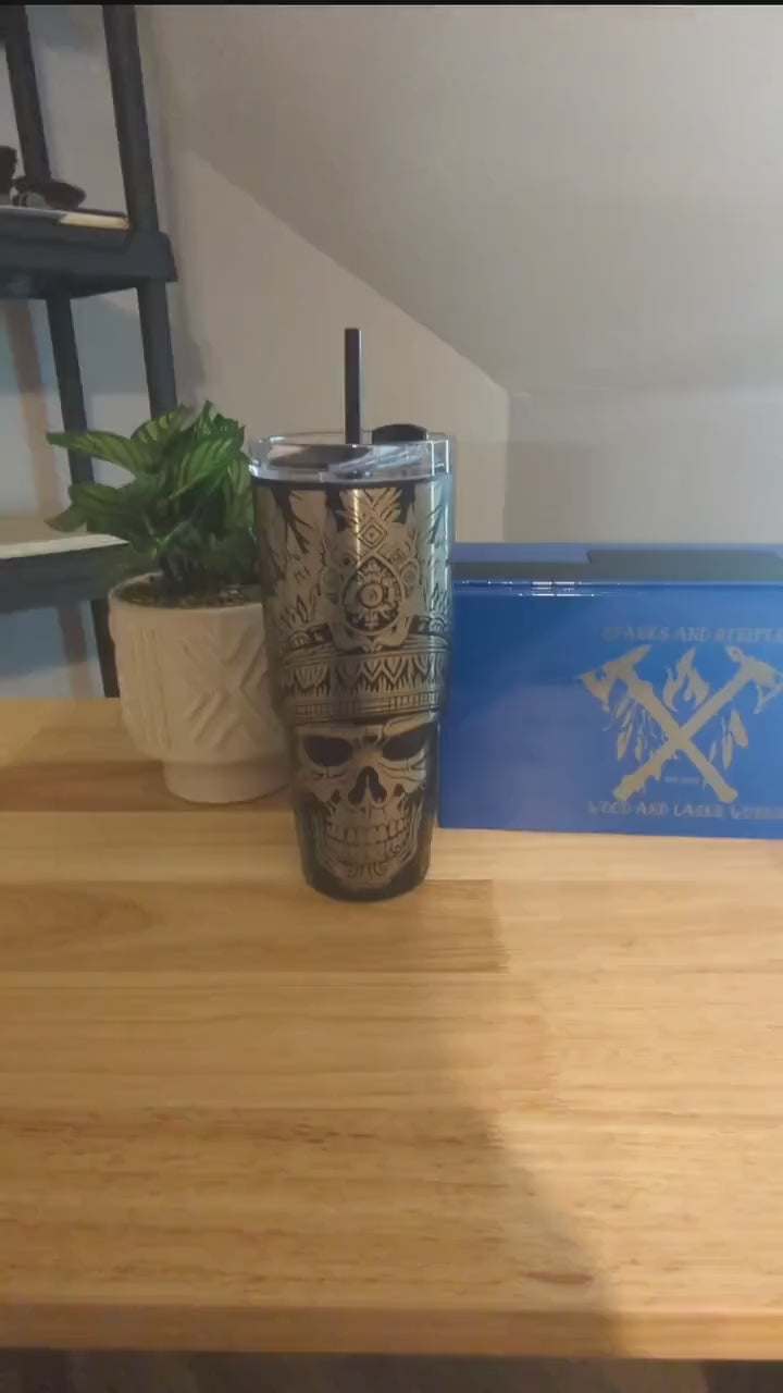 custom laser engraved Aztec skull 30oz tumbler