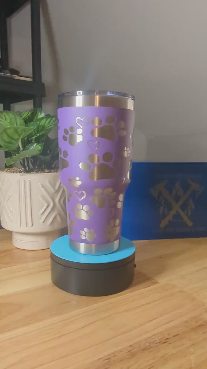 Stunning purple stainless steel 30oz tumbler featuring a pawprint and heart design for your furry friend